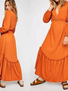 FP Beach Pismo Dress Maxi V Neck Long Sleeve Pleated Collared Orange Size Medium